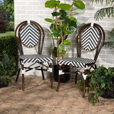 BAXTON STUDIO Alaire Classic French Black and White Weaving and Dark Brown Metal 2Piece Outdoor Dining Chair Set 211-2PC-12522-ZORO